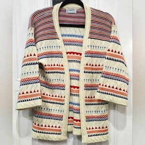 Cuddle Knit cream color open cardigan blue red stripes women's (no size …